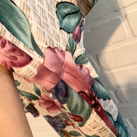 Vintage Button down shirt Tropical Floral Mixed print Aloha Cream Blue Dark 14 - Picture 5 of 8